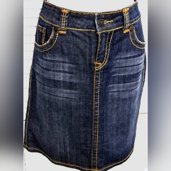 Hot To Trot Dresses & Skirts - HOT TO TROT Retro Denim Mini Skirt Orange Stitching Above Knee Blue, Women's L